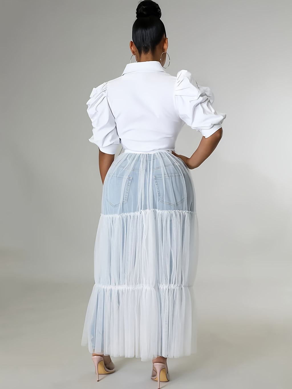 [Sexy Mesh Dress] Sexy Short Sleeve Mesh Dress, Women's Shirt Top Stitching Turn Down Collar Tie Waist Dress