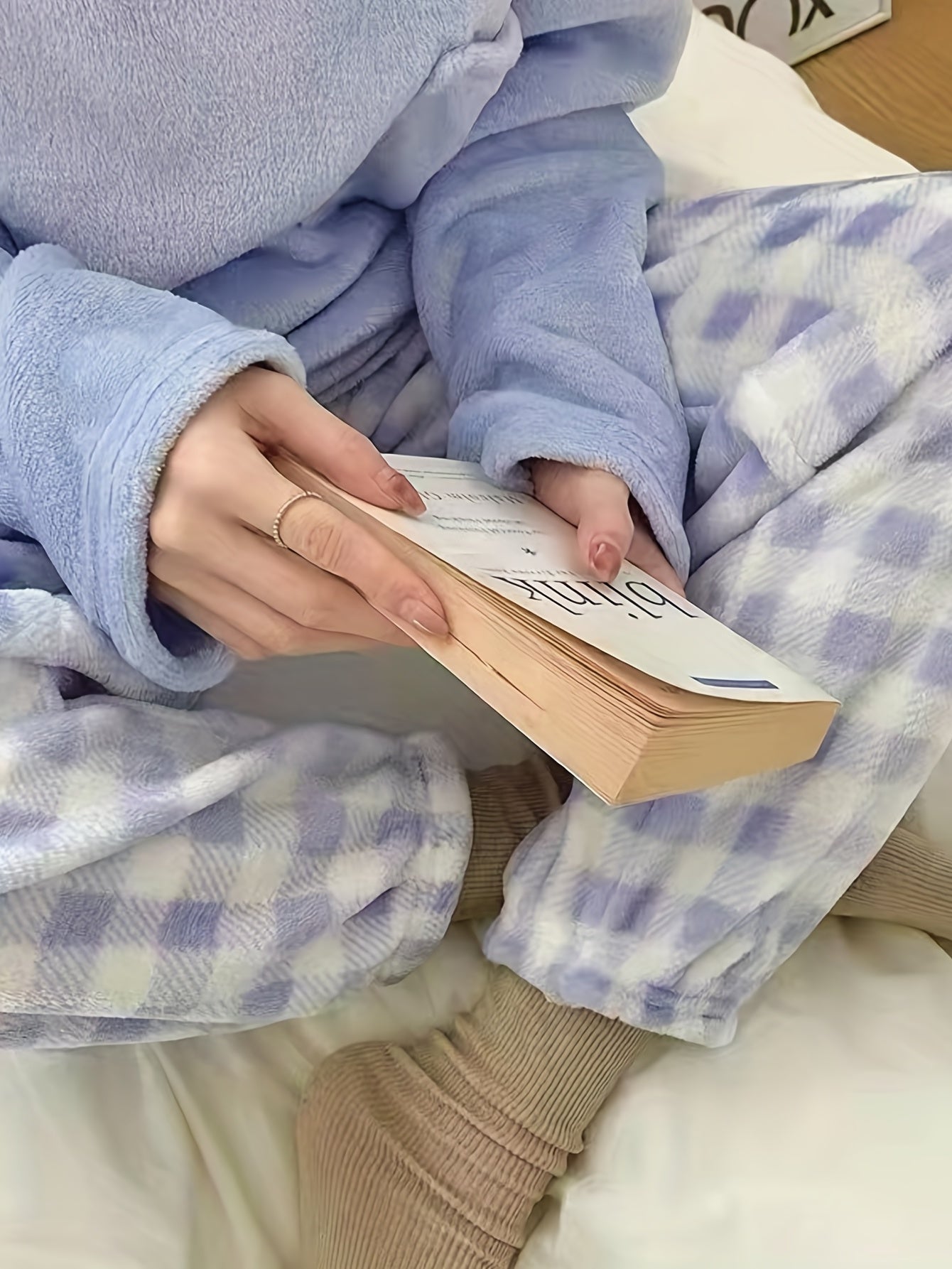 Winter Warm Velvet Pajama Set, Plaid Pattern Pajama, Solid Color Casual Home Wear Set
