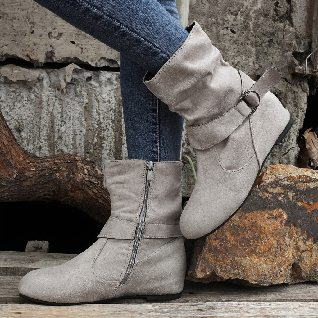 1.18inch Inner Height Increase Women's Short Boots with Flat Sole, Buckle Closure, Comfortable, Warm, and Lightweight, Women Shoes