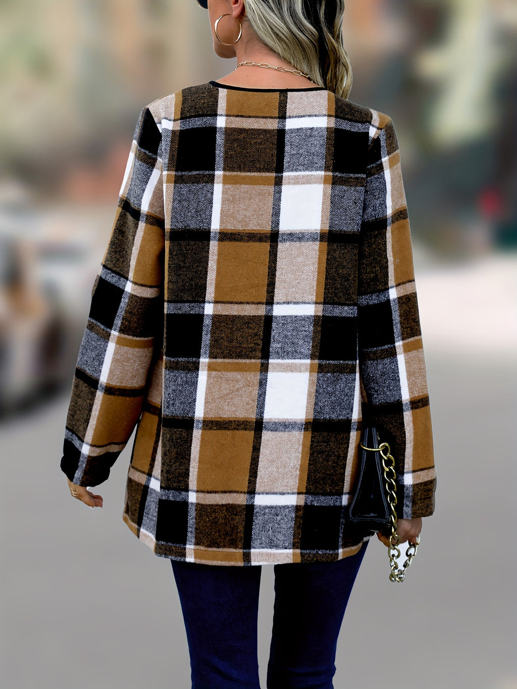 Women'S Cozy Khaki Plaid Trench Coat - Long Sleeve, Button-Up, Loose Fit, Warm Fall & Winter Outerwear with Black & White Checkered Pattern, Perfect for Casual or Stylish Outfits, Casual Winter Wear | Checkered Pattern Coat |