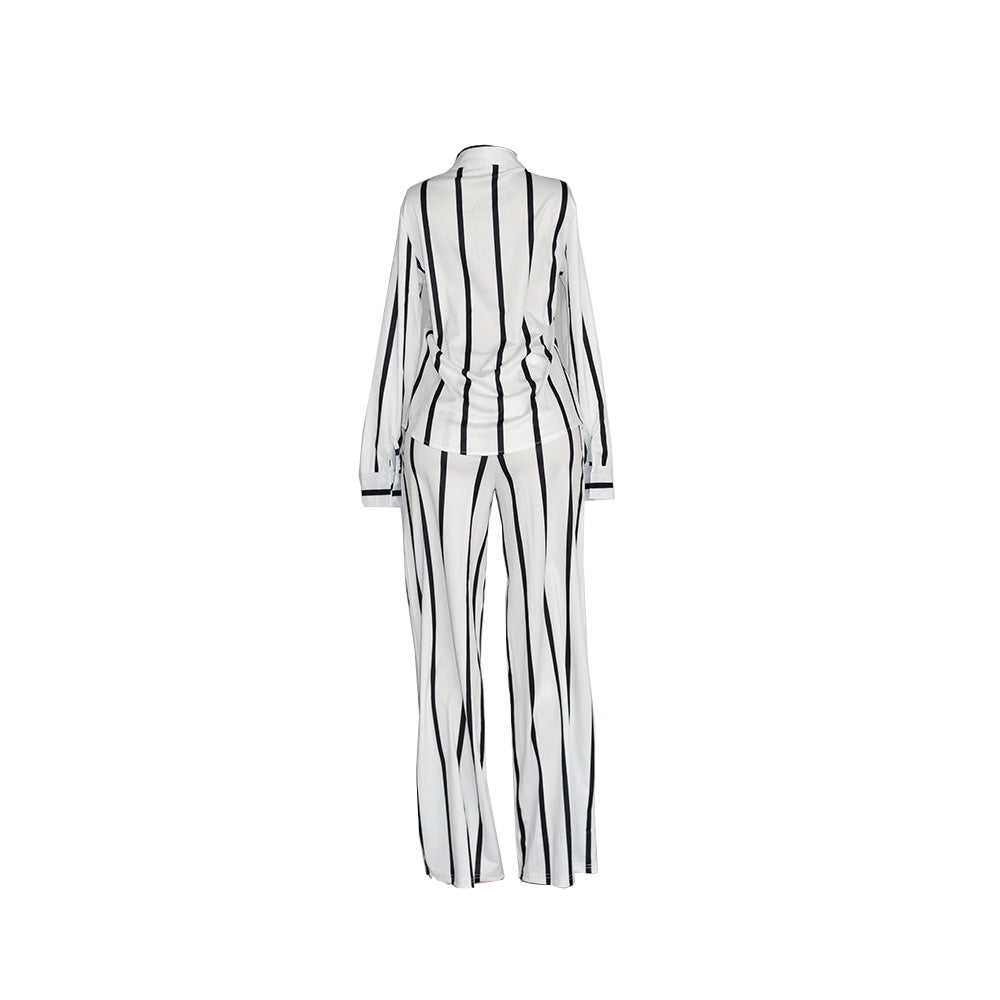 Striped Print Two-piece Set, Button Front Collar Long Sleeve Shirt & High Waist Wide Leg Loose Pants Set, Women's Clothing