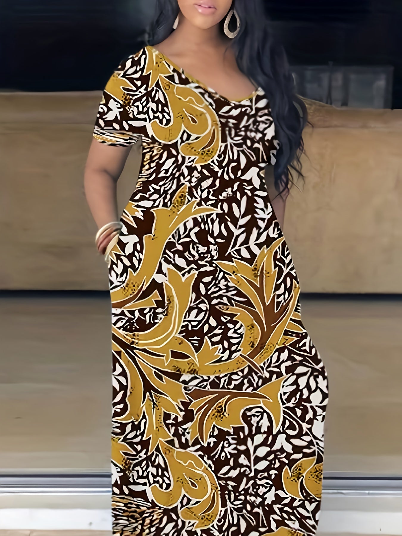 Plus Size Maxi Dress with Pocket, Women's Plus Tie Dye Print Short Sleeve Elegant Medium Stretch Long Dress