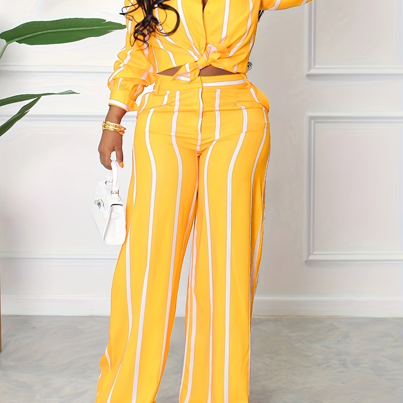 Striped Print Two-piece Set, Button Front Collar Long Sleeve Shirt & High Waist Wide Leg Loose Pants Set, Women's Clothing