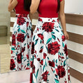 [Floral Midi Dress] Elegant Red Floral Print Women's Plus Size Midi Dress | Medium Stretch Polyester Fabric, Short Sleeves, Crew Neck - Perfect for All Seasons