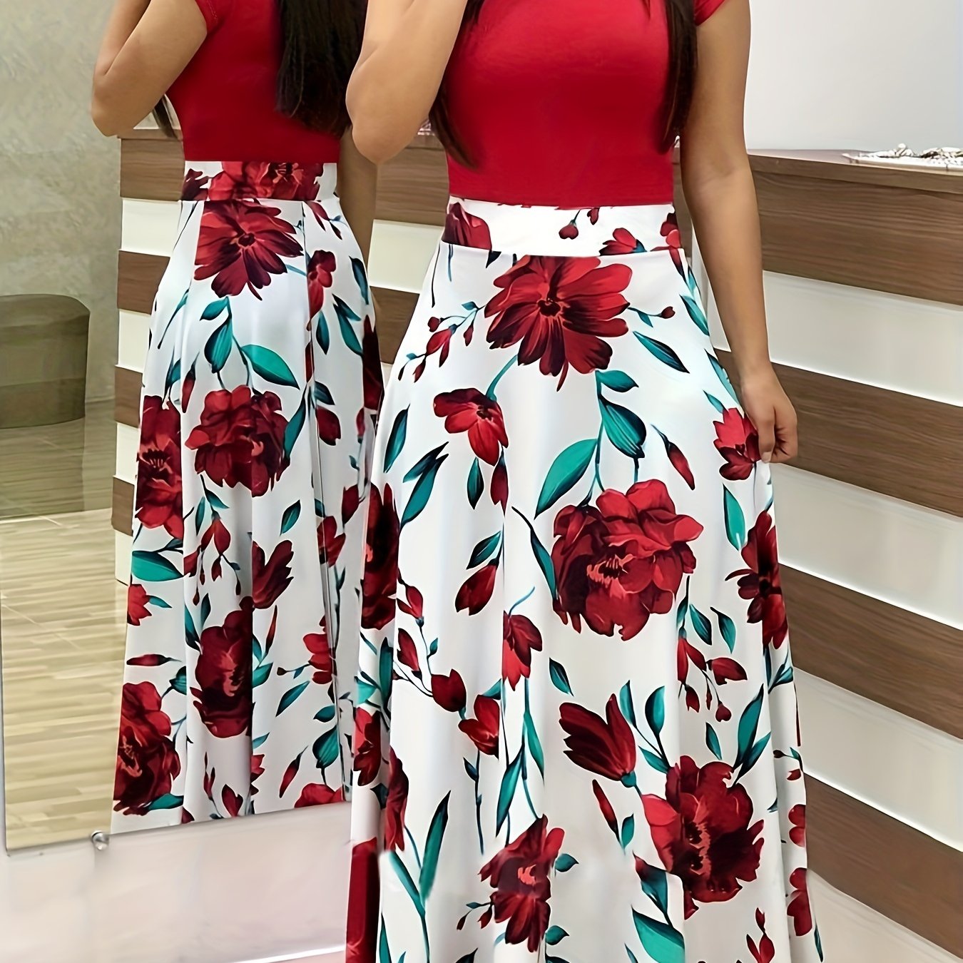 [Floral Midi Dress] Elegant Red Floral Print Women's Plus Size Midi Dress | Medium Stretch Polyester Fabric, Short Sleeves, Crew Neck - Perfect for All Seasons